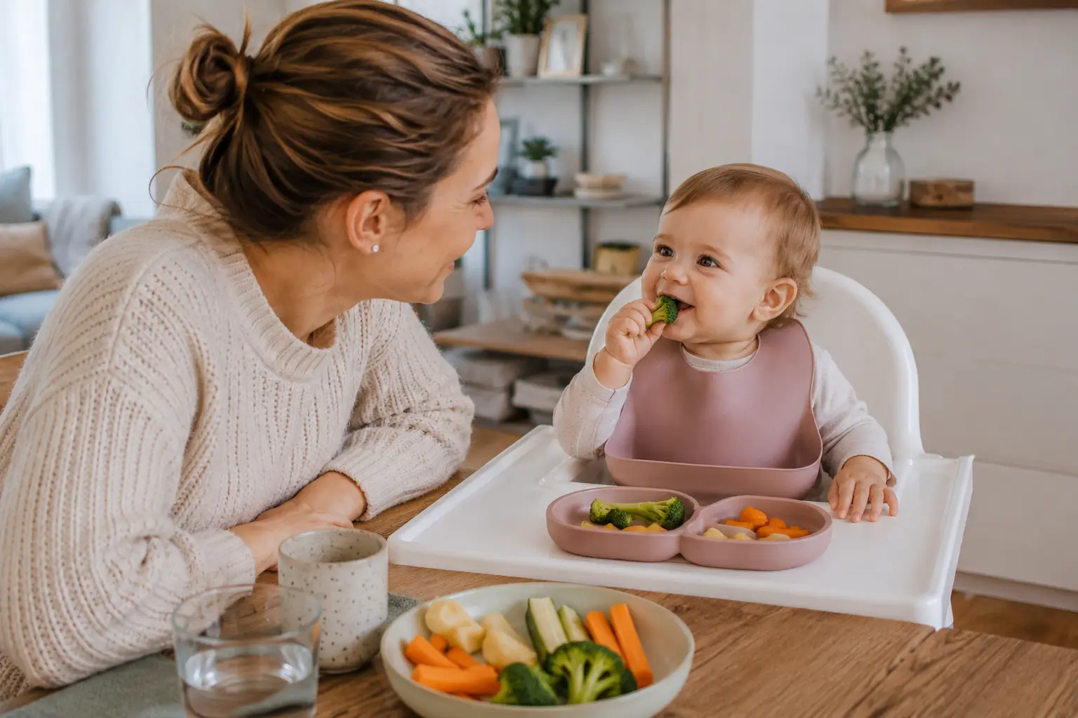 Alltagsszene zwischen Mutter und Baby beim gemeinsamen Essen. Das Bild symbolisiert einen entspannten Einstieg in Baby Led Weaning und eine natürliche Beikosteinführung in München.