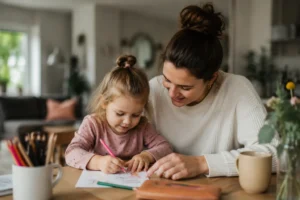 Babysitter oder Nanny bei der liebevollen Betreuung eines Kindes zuhause