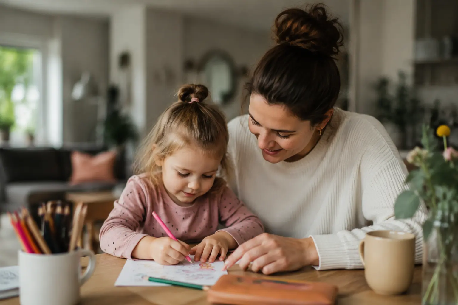 Babysitter oder Nanny bei der liebevollen Betreuung eines Kindes zuhause