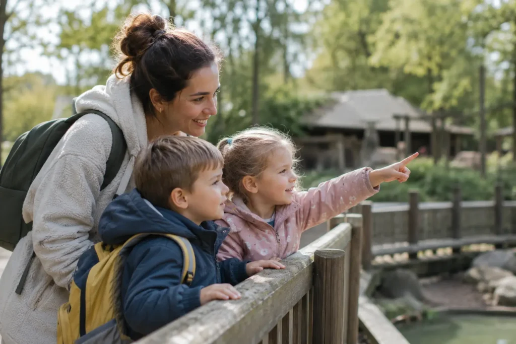 Liebevolle Alltagsszene einer Nanny mit zwei Kindern bei einem gemeinsamen Ausflug im Grünen. Das Bild symbolisiert den Beruf als Nanny und persönliche Kinderbetreuung für Familien in München.
