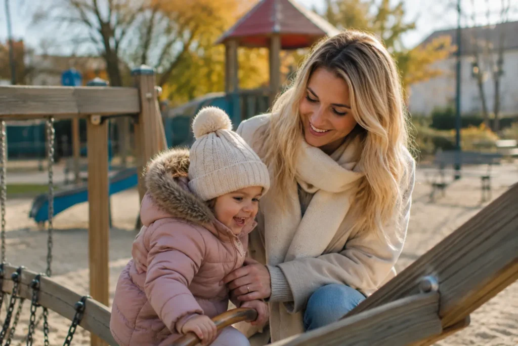 Liebe Betreuungssituation auf einem Spielplatz mit Nanny und Kleinkind. Das Bild symbolisiert Unterstützung und emotionale Sicherheit in der Erziehung im Familienalltag in München.
