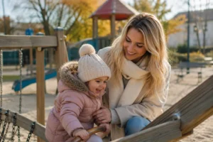 Liebe Betreuungssituation auf einem Spielplatz mit Nanny und Kleinkind. Das Bild symbolisiert Unterstützung und emotionale Sicherheit in der Erziehung im Familienalltag in München.