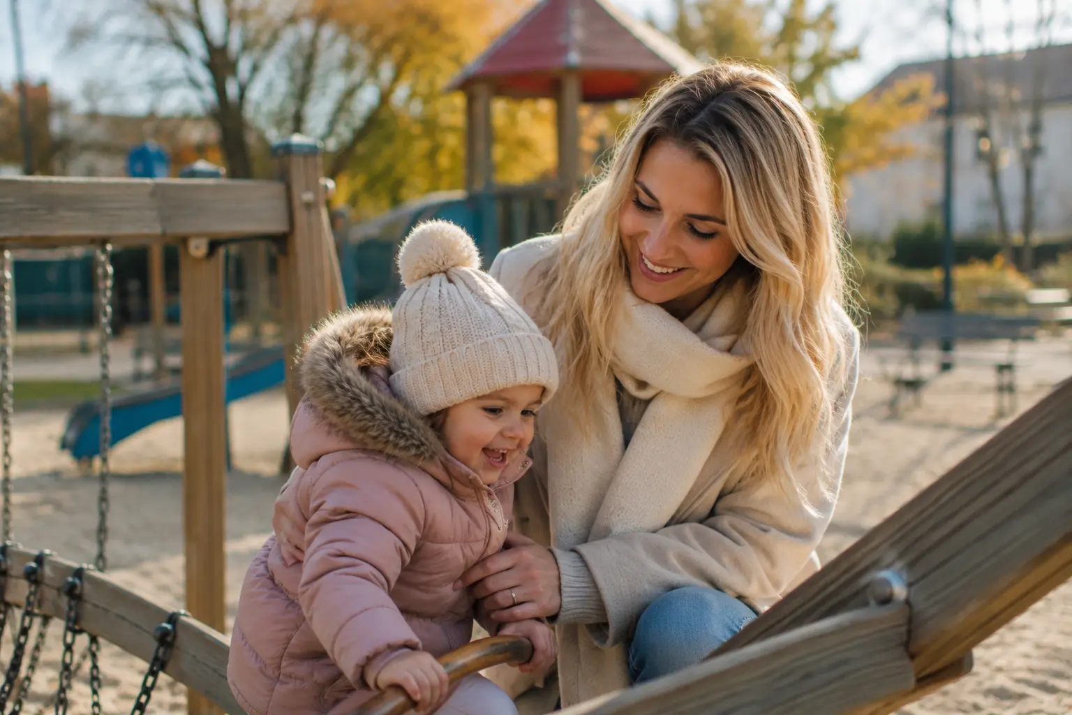 Liebe Betreuungssituation auf einem Spielplatz mit Nanny und Kleinkind. Das Bild symbolisiert Unterstützung und emotionale Sicherheit in der Erziehung im Familienalltag in München.
