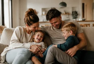 Erziehungsstile für Familien gezeigt an einer Familie, die gemeinsam Zeit im Wohnzimmer verbringt