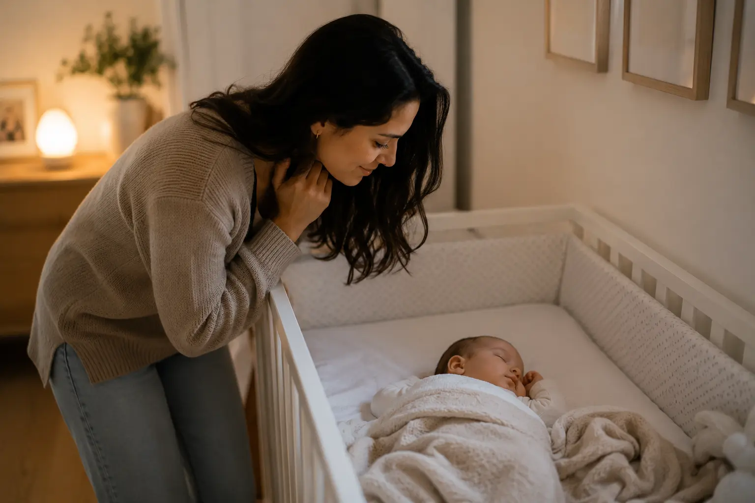 Frau mit offenen dunklen Haaren schaut liebevoll auf ein schlafendes Baby im Bettchen. Das Bild zeigt, wie feste Schlafroutinen für Babys mehr Ruhe im Familienalltag in München schaffen können.