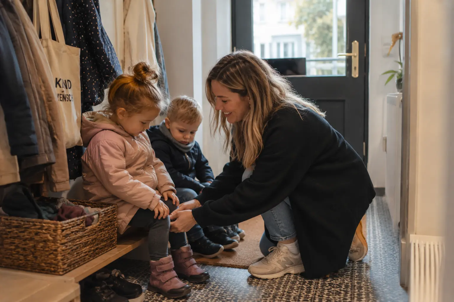 Alltagsszene im Eingangsbereich einer Familie. Eine Nanny unterstützt Kinder beim Anziehen und schafft feste Strukturen im Familienalltag in München.