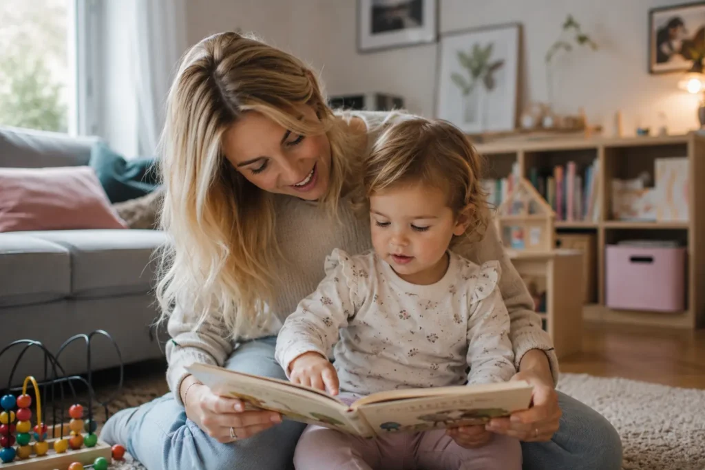 Liebevolle Nanny liest gemeinsam mit einem Kleinkind ein Bilderbuch. Das Bild zeigt, wie eine individuelle Betreuung die frühkindliche Entwicklung von Kindern in München fördern kann.