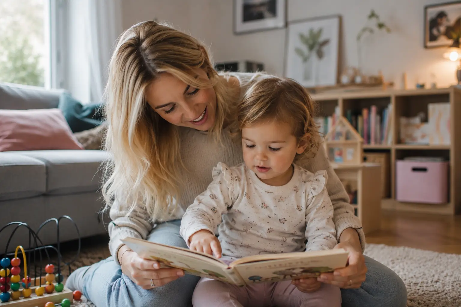 Liebevolle Nanny liest gemeinsam mit einem Kleinkind ein Bilderbuch. Das Bild zeigt, wie eine individuelle Betreuung die frühkindliche Entwicklung von Kindern in München fördern kann.