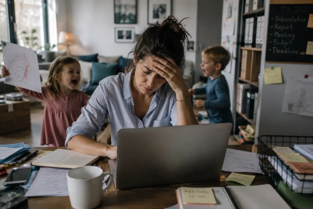 Gestresste Mutter im Homeoffice mit zwei Kindern im Hintergrund. Das Bild zeigt, warum Familien die passende Nanny für mehr Entlastung im Alltag suchen.