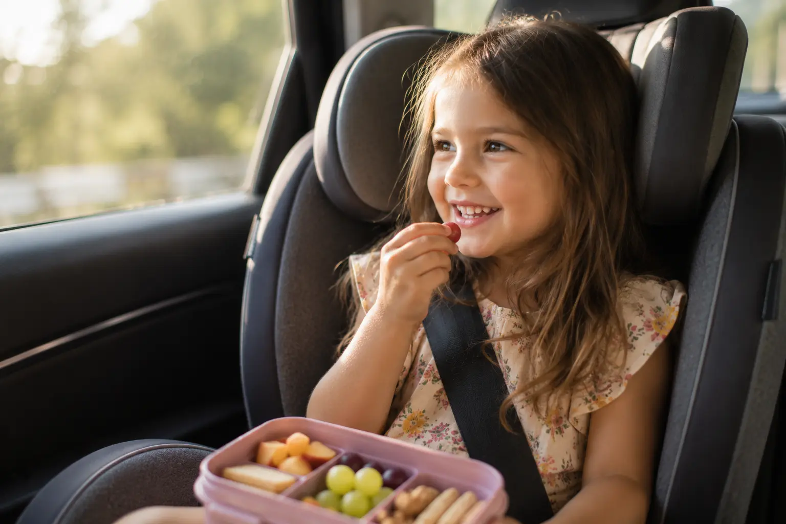 Fröhliches Kind sitzt während einer Autofahrt im Kindersitz und isst Obst aus einer Snackbox. Das Bild symbolisiert gesunde Snacks für Kinder im Alltag von Familien in München.
