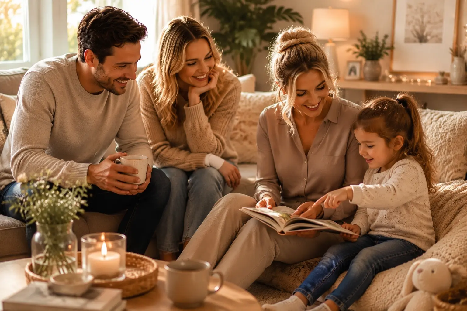 Familie sitzt gemeinsam mit einer Betreuungsperson auf dem Sofa und liest mit einem Kind ein Buch. Das Bild zeigt gute Kinderbetreuung für Familien im Alltag in München.