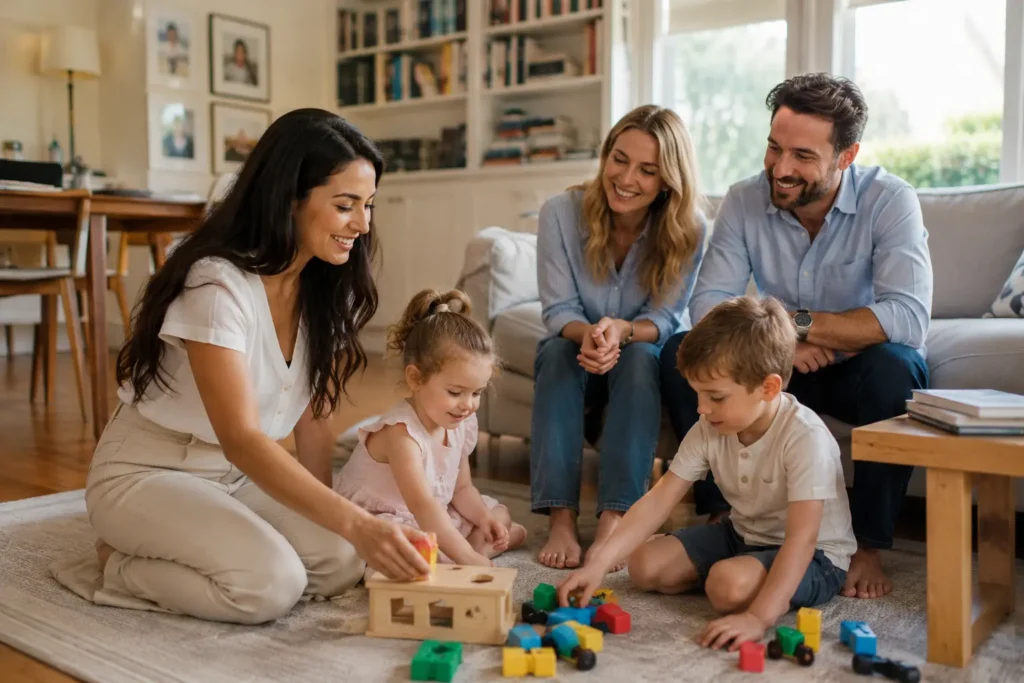 Familie erlebt im Alltag, wie sie eine gute Nanny erkennen kann, während die Betreuungsperson liebevoll mit den Kindern spielt.
