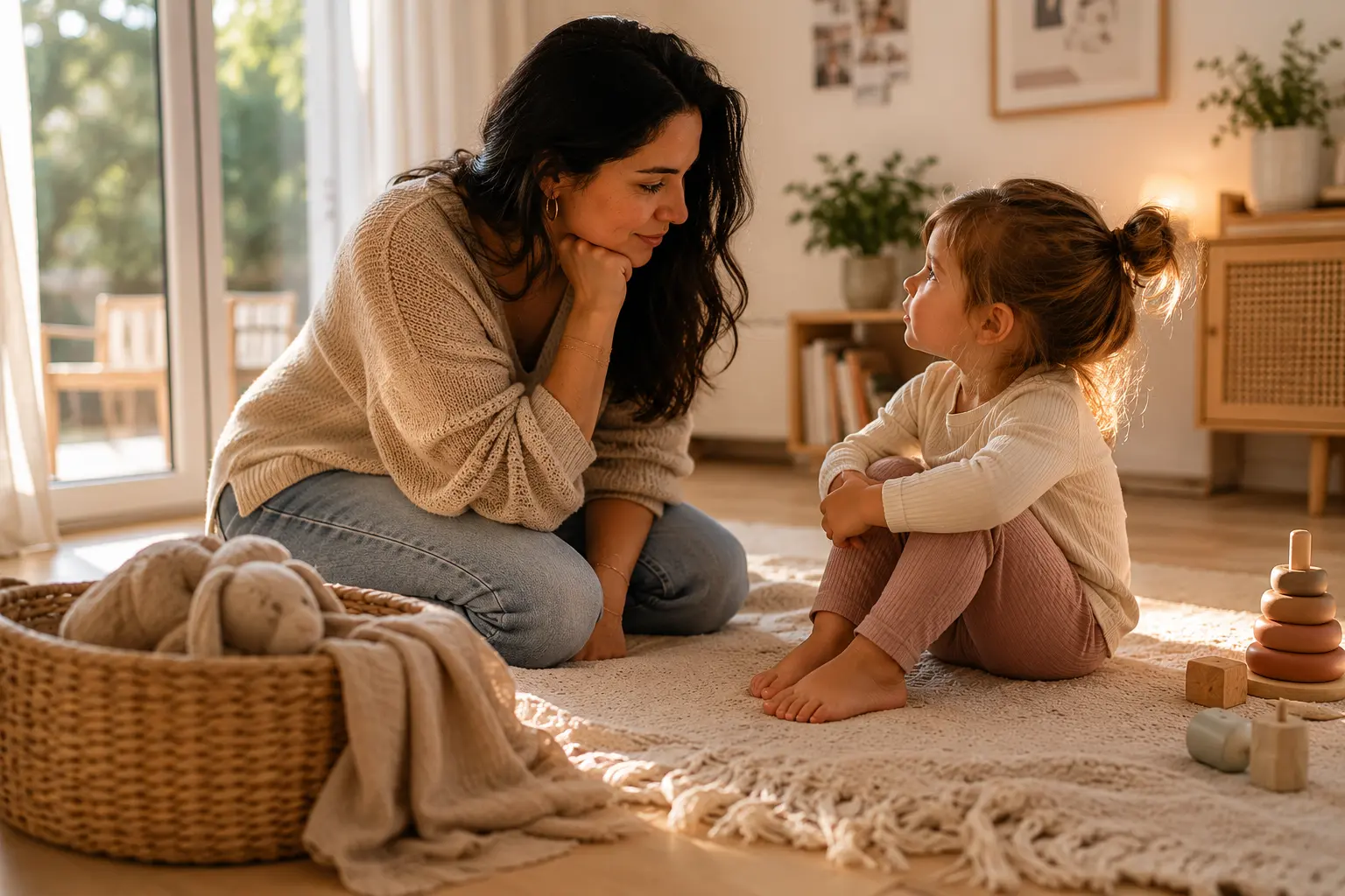 Ruhige Gesprächssituation zwischen einer Betreuungsperson und einem Kind im Familienalltag. Das Bild symbolisiert liebevolle Konsequenz bei Kindern und emotionale Sicherheit in München.