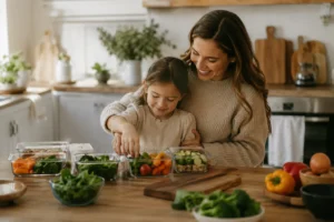 Liebevolle Alltagsszene einer Mutter mit ihrer Tochter beim gemeinsamen Vorbereiten gesunder Mahlzeiten. Das Bild symbolisiert Meal Prep für Familien, gesunde Routinen und mehr Entlastung im Familienalltag für Familien in München.