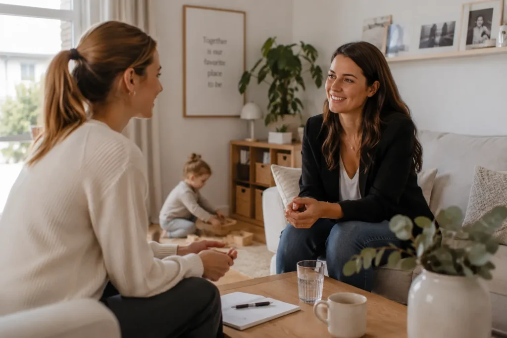 Authentische Gesprächssituation zwischen Familie und Bewerberin während eines Nanny Bewerbungsgesprächs in München. Das Bild zeigt Vertrauen und persönliche Betreuung im Familienalltag.