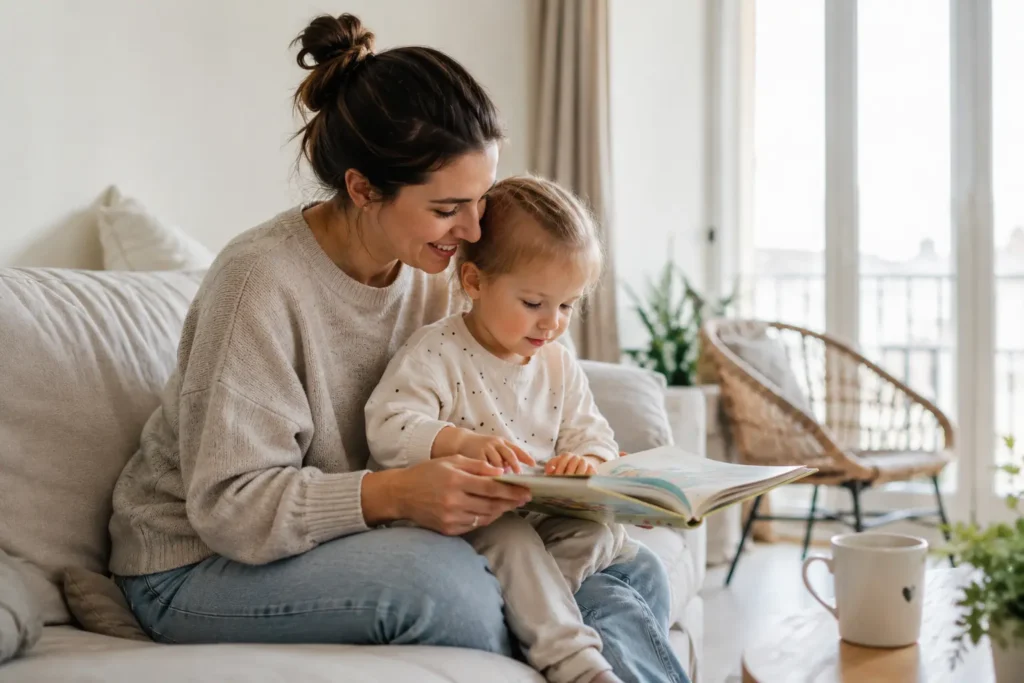 Mutter liest gemeinsam mit ihrem Kleinkind auf dem Sofa in heller Wohnatmosphäre. Das Bild steht für liebevolle Kinderbetreuung und eine Nanny für Familien in München.
