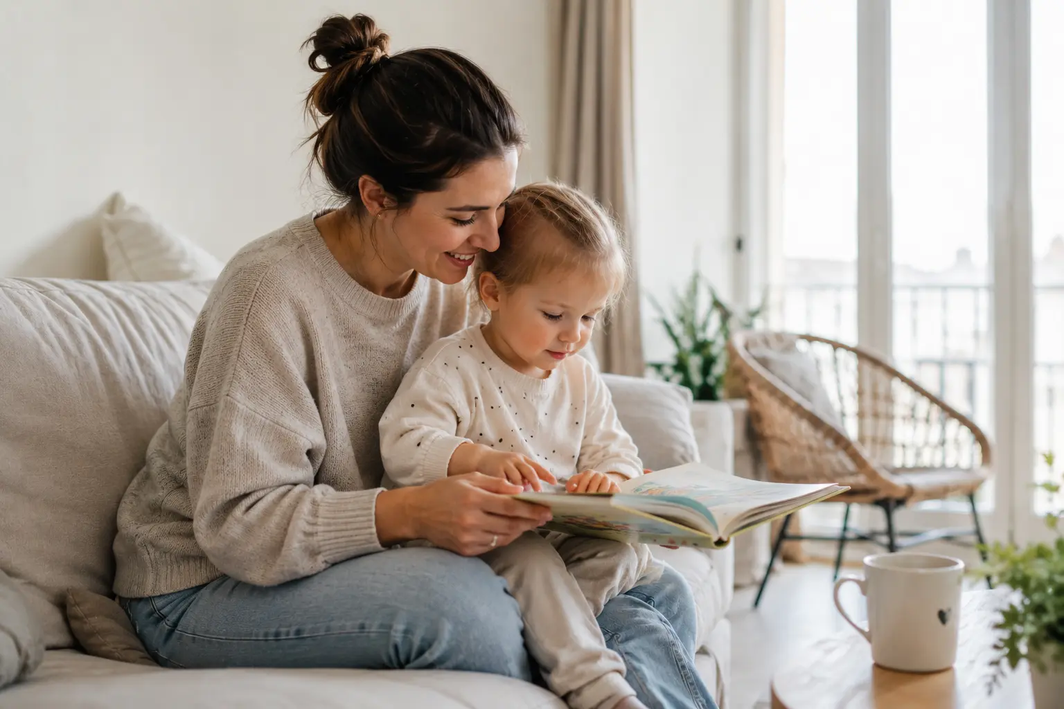 Mutter liest gemeinsam mit ihrem Kleinkind auf dem Sofa in heller Wohnatmosphäre. Das Bild steht für liebevolle Kinderbetreuung und eine Nanny für Familien in München.