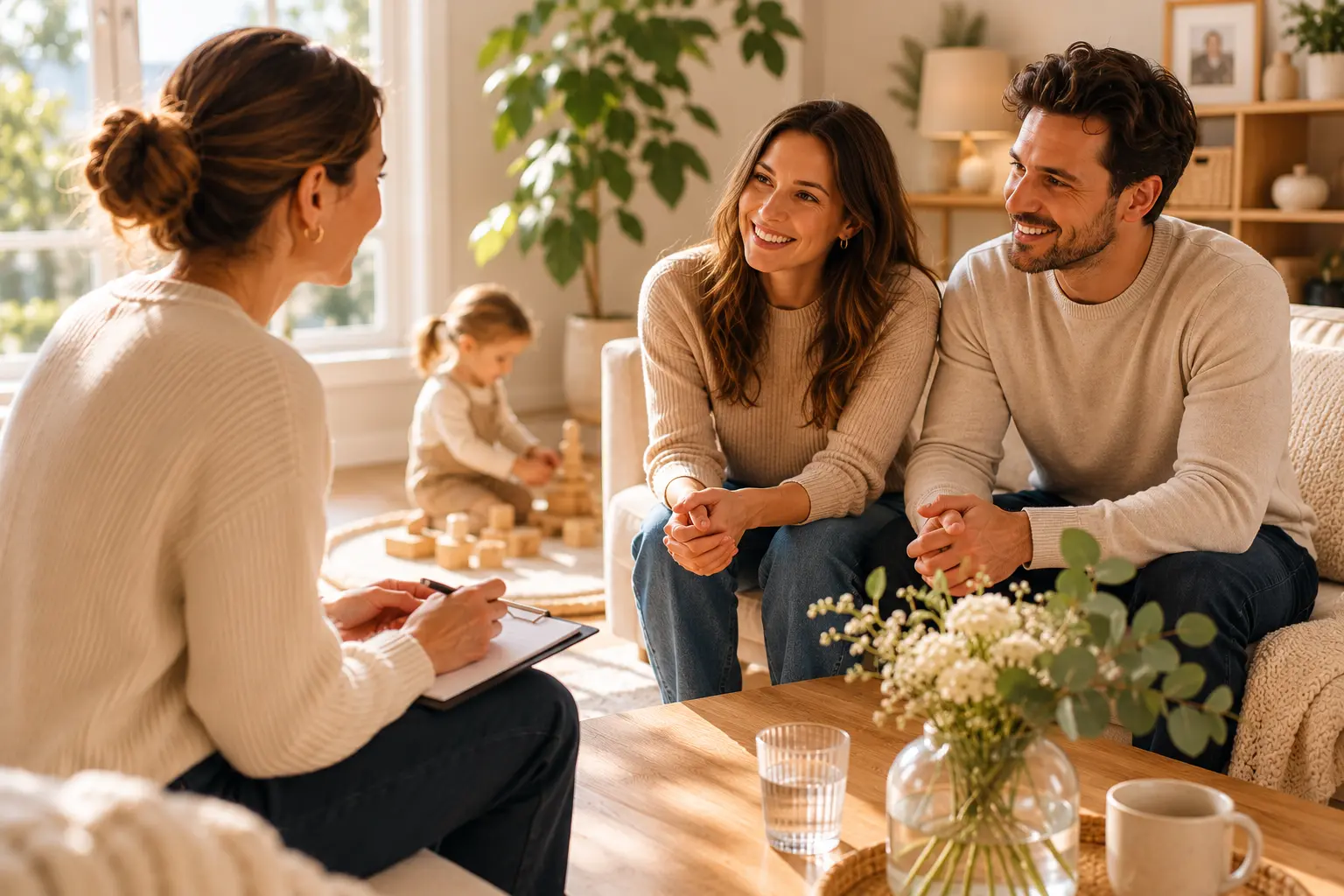 Authentische Gesprächssituation zwischen Familie und Beraterin während einer Professionelle Nanny Vermittlung in München. Das Bild zeigt Vertrauen und persönliche Betreuung.