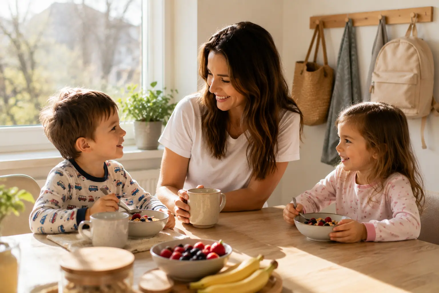 Warme Frühstückssituation am Morgen mit zwei Kindern und entspannter Atmosphäre. Das Bild symbolisiert einen ruhiger Morgen mit Kindern im Familienalltag in München.