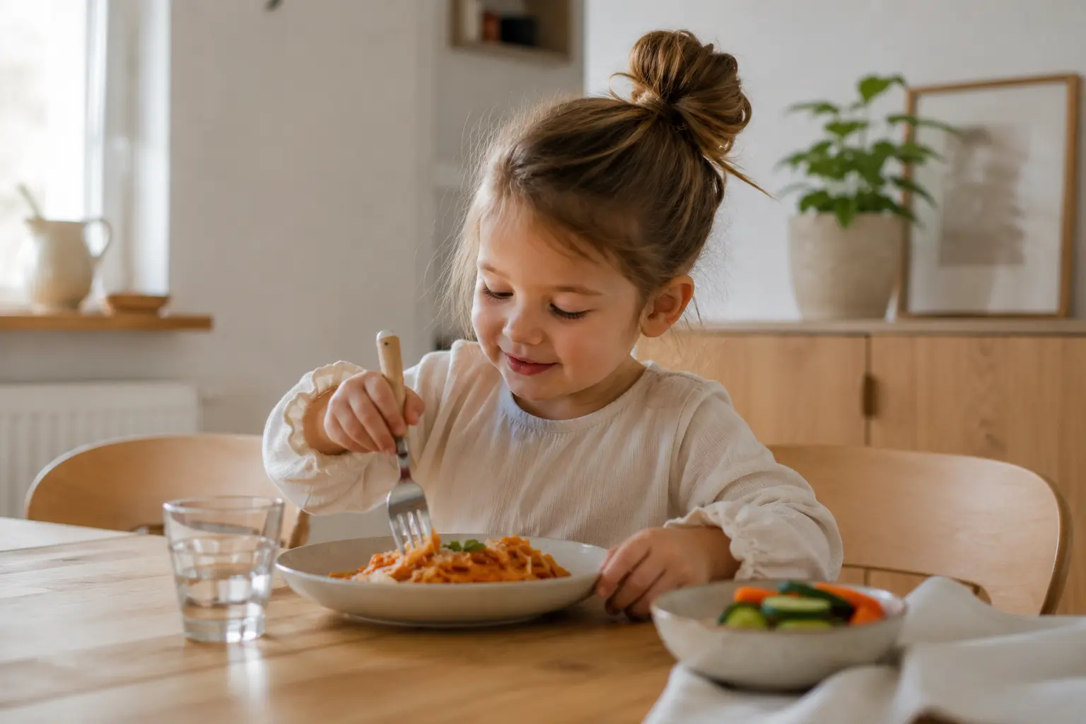 Kind isst mit Freude ein gesundes Nudelgericht am Familientisch und zeigt, wie einfache Mittagsgerichte für Kinder im Alltag gelingen können.