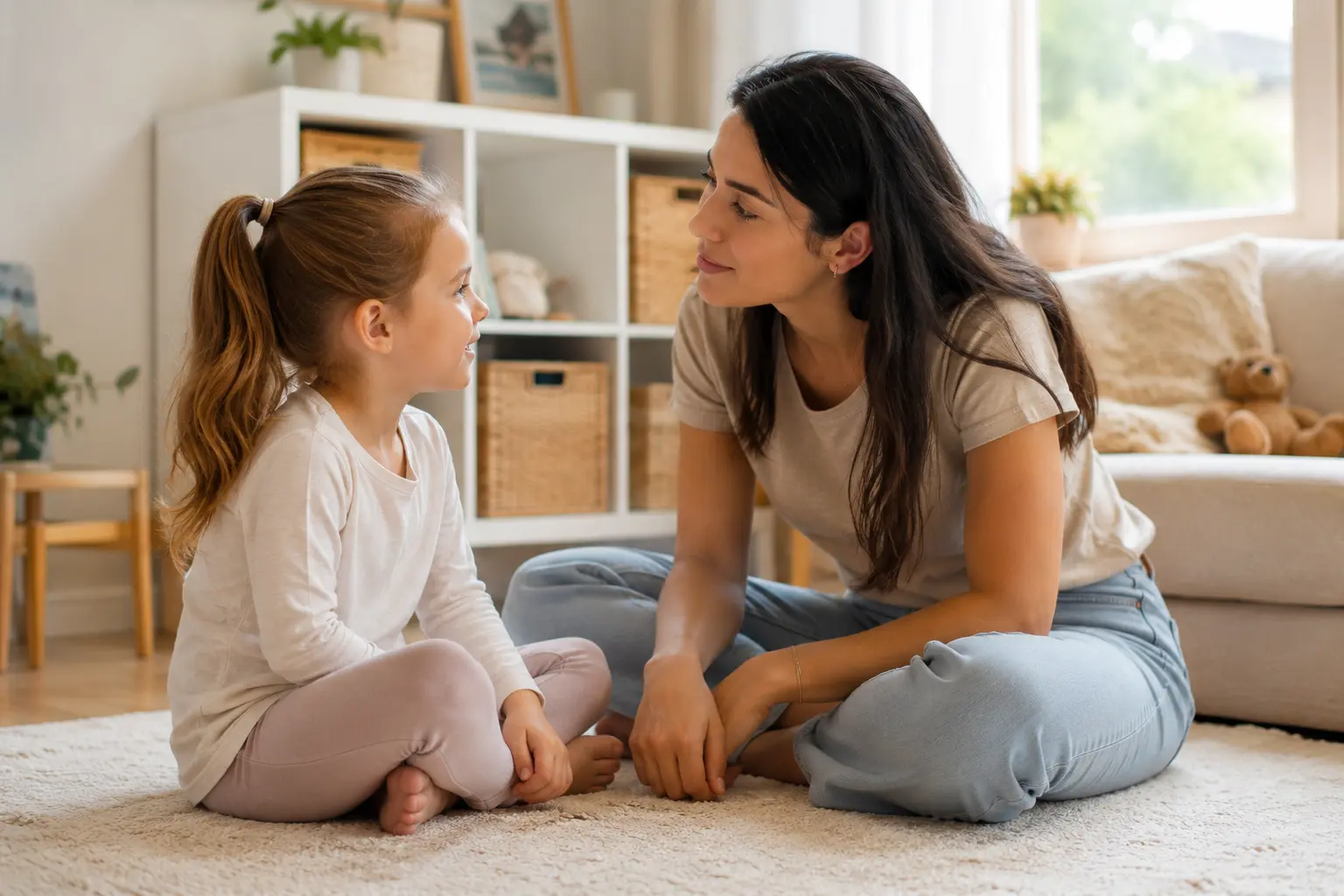 Nanny zeigt einem Kind im Gespräch, wie sich Konflikte mit Kindern lösen lassen und wie Verständnis und Ruhe im Familienalltag helfen.