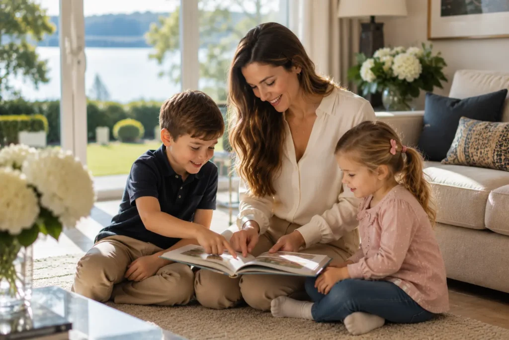 Familienmanagerin Starnberg betreut liebevoll zwei Kinder in einem hellen, modernen Wohnzimmer, die Nanny trägt eine modische Bluse und die Kinder altersgerecht kindliche Kleidung, glückliche und positive Familiensituation.
