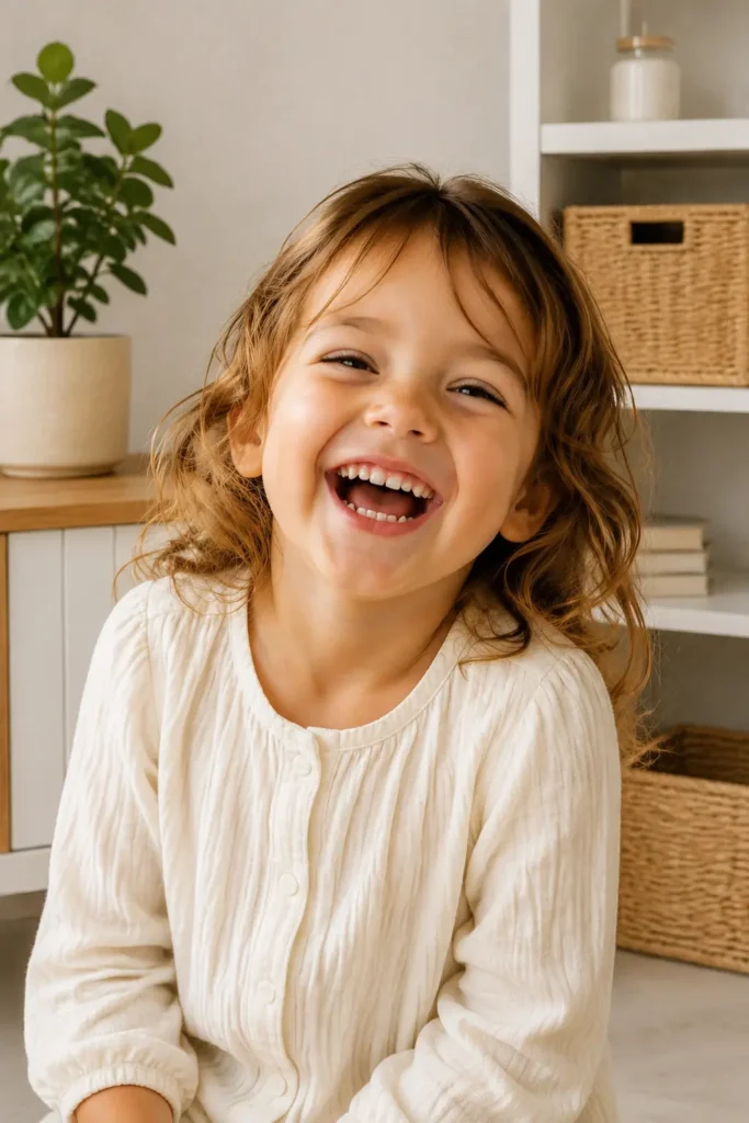 Glückliches Kind in einer sicheren und familiären Betreuungssituation mit professioneller Kinderbetreuung im häuslichen Umfeld.