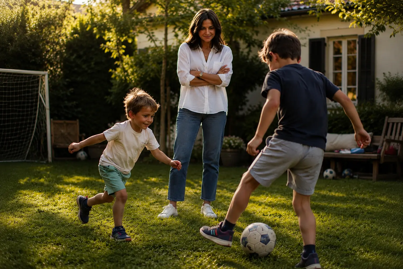 Nanny Schwabing betreut im Garten zwei Jungen im Alter von fünf und sieben Jahren, während sie Fußball spielen, in einer natürlichen, emotionalen Alltagssituation.