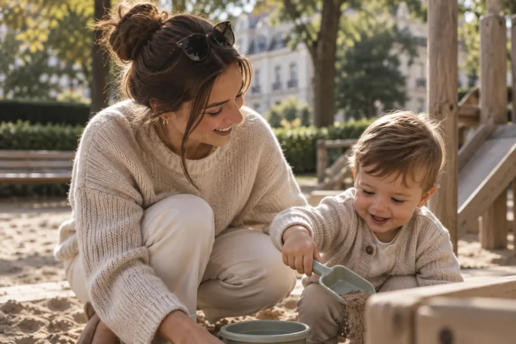 Nanny München Lehel betreut ein Kleinkind liebevoll beim gemeinsamen Spielen auf dem Spielplatz.