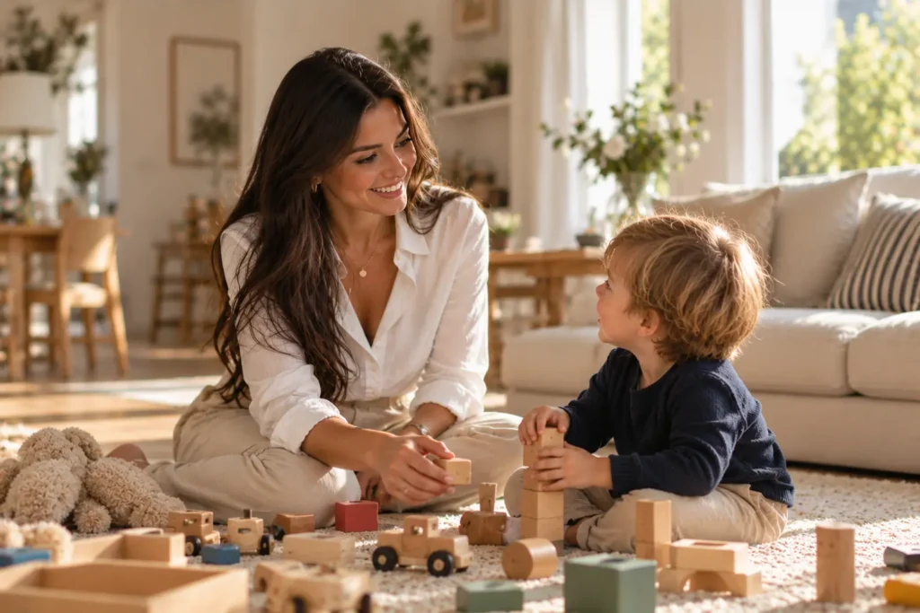 Babysitter in München bei der liebevollen Betreuung eines Kindes beim gemeinsamen Spielen.