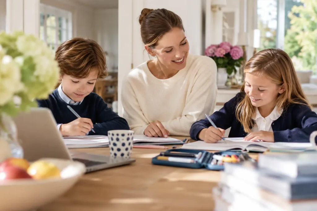 Familienmanagerin München Bogenhausen bei der Betreuung von zwei Schulkindern im Familienalltag.