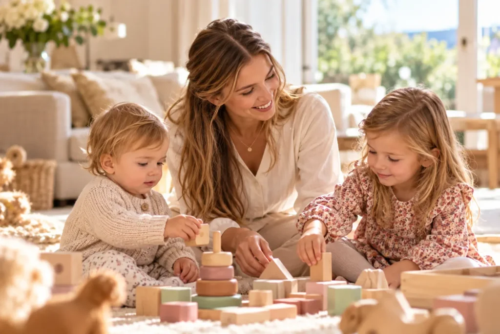 Nanny in Starnberg bei der liebevollen Betreuung von zwei kleinen Kindern im Familienalltag.